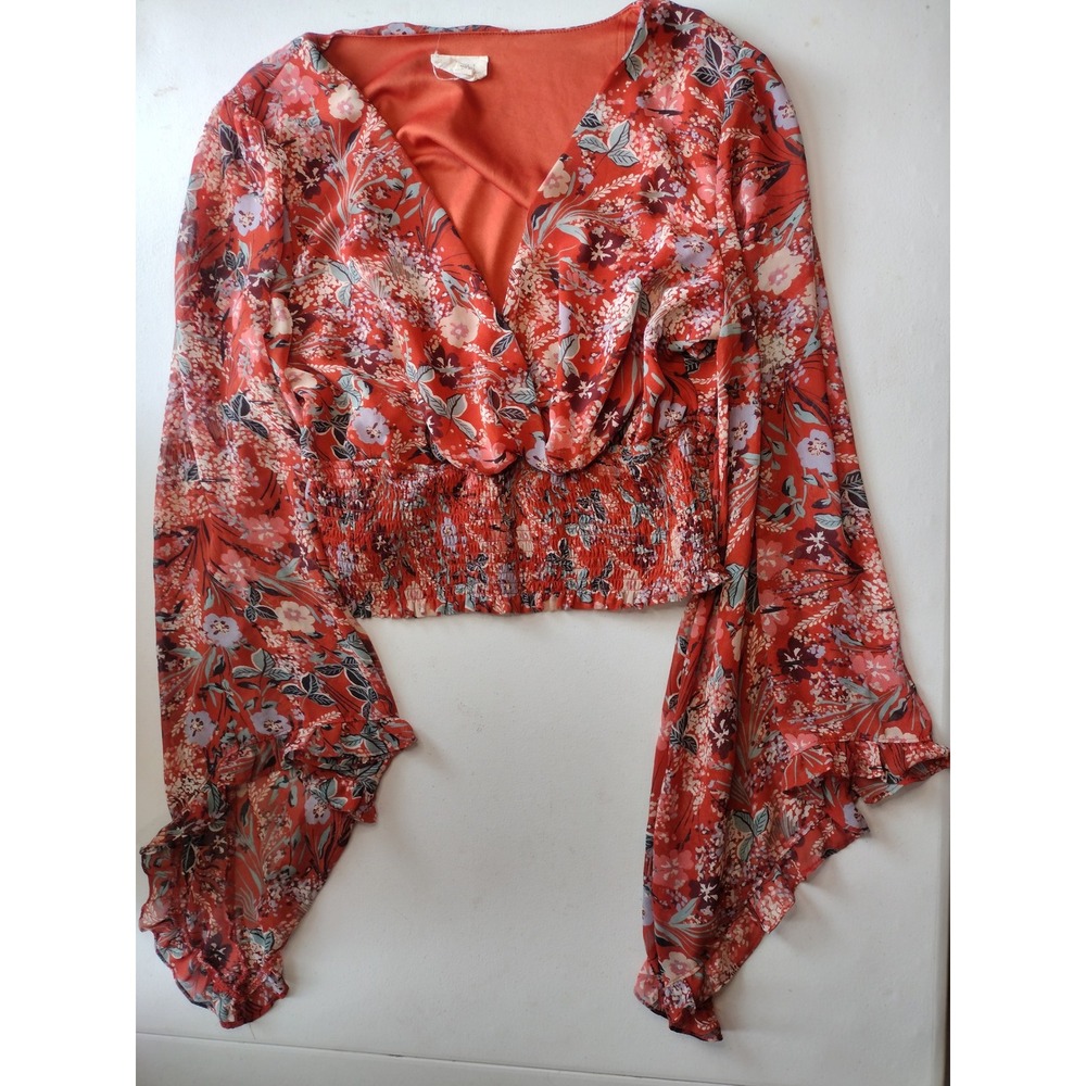 Meraki Floral Smocked Crop Top Rust Orange Bell Sleeve V-Neck Large